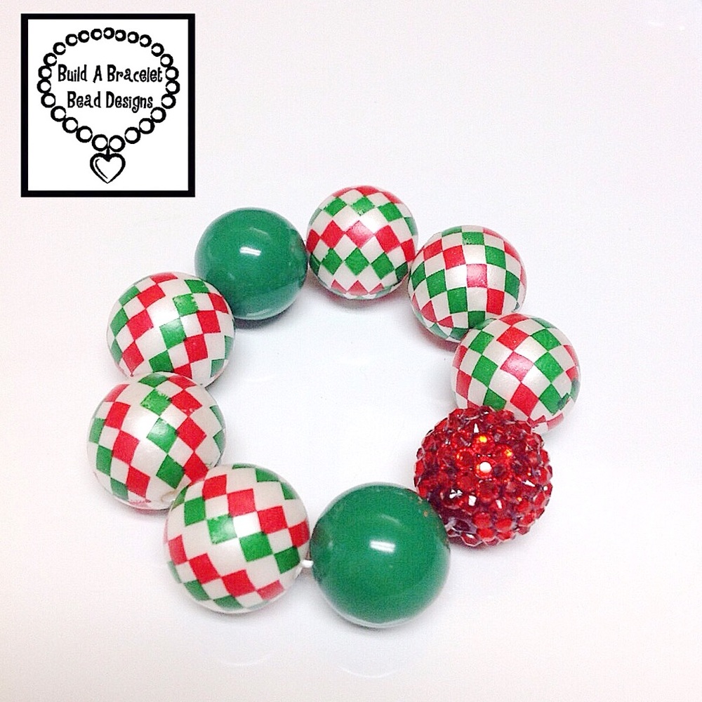 Handmade Christmas Holiday Harlequin Red Green White Bead Stretch Bracelet - Picture 2 of 3